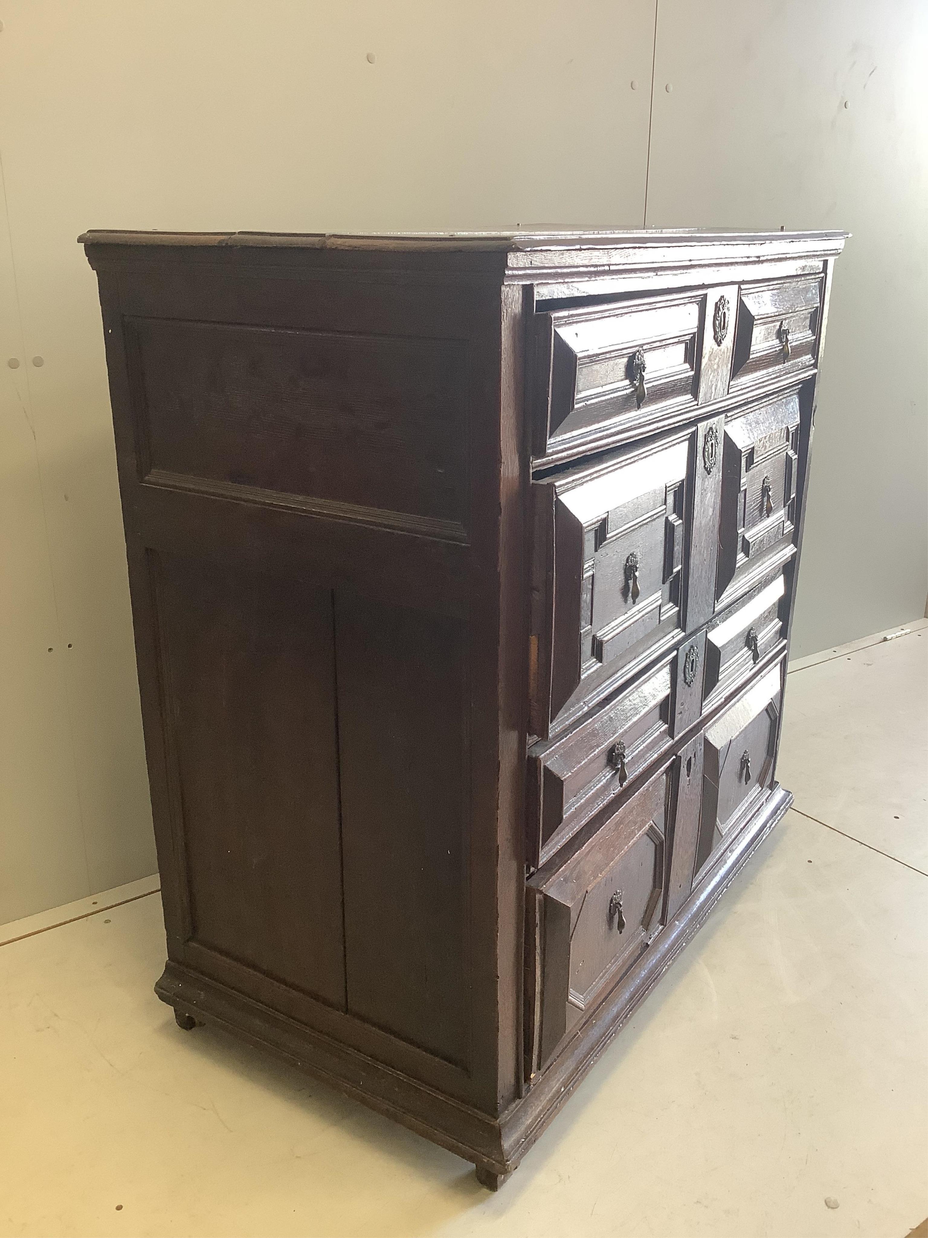 A late 17th century oak chest of drawers (one plank loose on top), width 103cm, depth 56cm, height 108cm